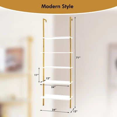 Tangkula 5 Tier Ladder Shelf 71" Open Wall-Mounted Bookcase With Golden Steel Frame - Image 8