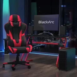 BlackArc Bravo Red Gaming Desk & Chair Set: High Back Gaming Chair With Lumbar Support & Adjustable Arms; Desk With Cupholder/Headphone Hook