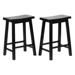 PJ Wood Classic Saddle-Seat 24" Tall Kitchen Counter Stools For Homes, Dining Spaces, And Bars W/Backless Seats, 4 Square Legs, Black (Set Of 8)