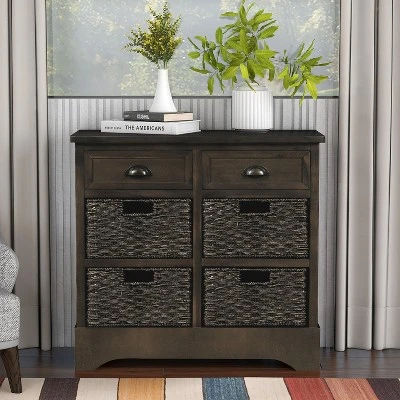 Modernluxe Dining Room/Living Room Storage Cabinet With Two Drawers And Four Classic Rattan Basket-Rustic - Image 9