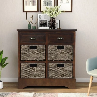 Modernluxe Dining Room/Living Room Storage Cabinet With Two Drawers And Four Classic Rattan Basket-Rustic - Image 10