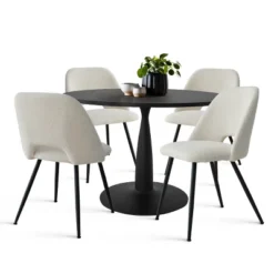 Haven+Edwin 5-Piece Black Round-Shaped Dining Table Set With 4 Upholstered Bouclé Fabric Dining Chair With Black Legs-The Pop Maison