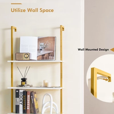 Tangkula 5 Tier Ladder Shelf 71" Open Wall-Mounted Bookcase With Golden Steel Frame - Image 4