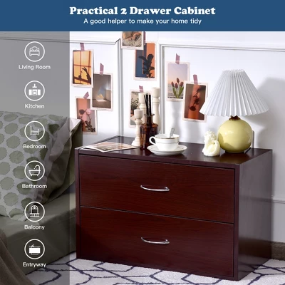 Costway 2 PCS 2-Drawer Dresser Horiztonal Organizer Wood End Table Nightstand - Image 4