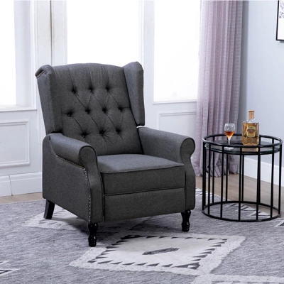 HOMCOM Fabric Upholstered Wingback Recliner, Tufted Back Linen Arm Chair With Footrest, Armrest, Padded Cushion, Dark Grey
