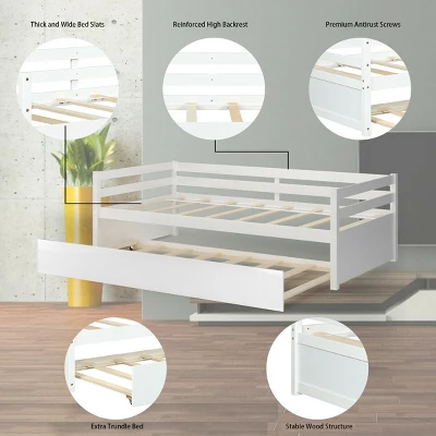 Costway Twin Size Trundle Daybed Wooden Slat Support Mattress Platform For Kids EspressoWhite - Image 7