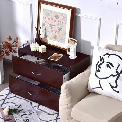 Costway 2 PCS 2-Drawer Dresser Horiztonal Organizer Wood End Table Nightstand - Image 9