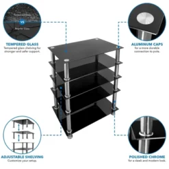Mount-It! Tempered Glass AV Component Media Stand, Audio Tower And Media Center With 5 Shelves, 220 Lbs Total Capacity, Black Shelves Chrome Legs