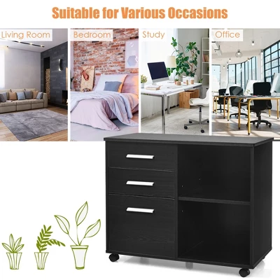 Costway 3-Drawer File Cabinet Mobile Lateral Cabinet Printer Stand EspressoBlack - Image 4