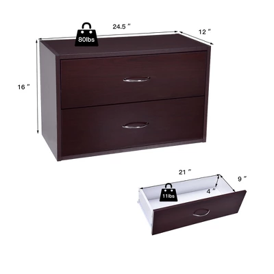 Costway 2 PCS 2-Drawer Dresser Horiztonal Organizer Wood End Table Nightstand