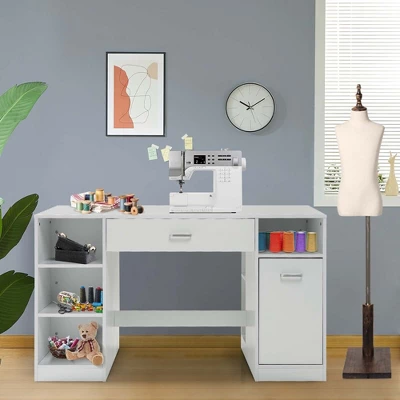 Costway Sewing Craft Table Home Office Computer Desk W/ Storage Shelves & Drawer - Image 4