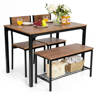 Costway 4pcs Dining Table Set Rustic Desk 2 Chairs & Bench W/ Storage Rack - Image 10