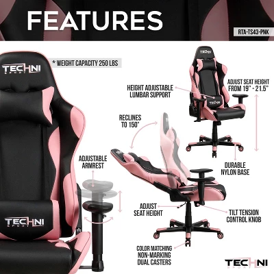 Ergonomic High Back Racer Style PC Gaming Chair Pink - Techni Sport - Image 4