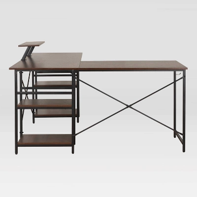 L Shape Industrial Desk With Storage Shelves Walnut - Techni Mobili - Image 16