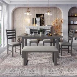 6-Piece Rustic Wood Dining Table Set With Chairs And Bench,Gray-ModernLuxe