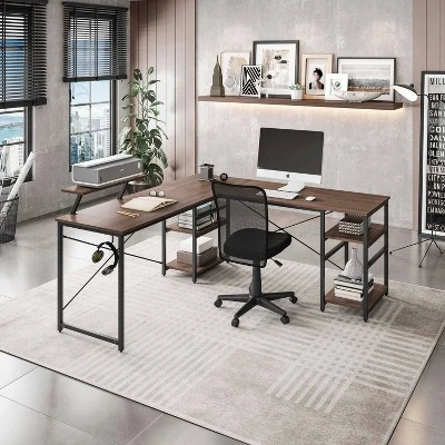 L Shape Industrial Desk With Storage Shelves Walnut - Techni Mobili - Image 19