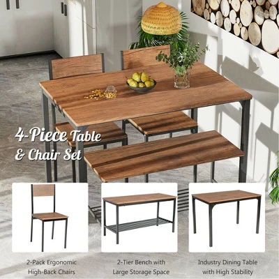 Costway 4pcs Dining Table Set Rustic Desk 2 Chairs & Bench W/ Storage Rack - Image 7