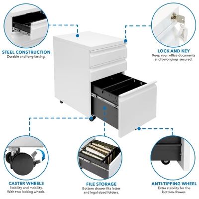 Mount-It! Mobile File Cabinet With 3 Drawers, Under Desk Rolling Storage , White - Image 6