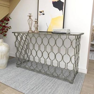 Contemporary Metal Pattern Console Table Silver - Olivia & May - Image 17
