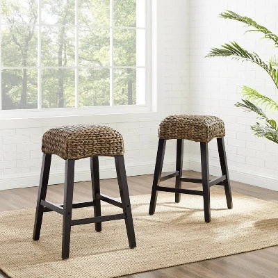 Set Of 2 Edgewater Backless Counter Height Barstools Seagrass/Dark Brown - Crosley