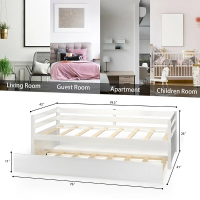Costway Twin Size Trundle Daybed Wooden Slat Support Mattress Platform For Kids EspressoWhite - Image 3