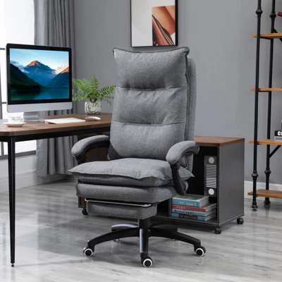 Vinsetto 360° Swivel Executive Home Office Chair Adjustable Height Linen Style Fabric Recliner With Retractable Footrest And Double Padding, Gray - Image 2
