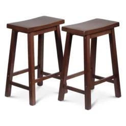 PJ Wood Classic Saddle-Seat 24" Tall Kitchen Counter Stools For Homes, Dining Spaces, And Bars W/ Backless Seats, 4 Square Legs, Walnut (Set Of 6)