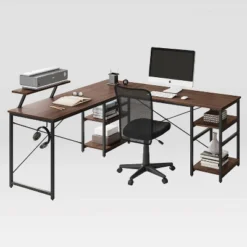 L Shape Industrial Desk With Storage Shelves Walnut - Techni Mobili
