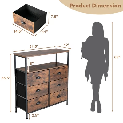 Costway 6-Drawer Dresser 2-Tier Fabric Storage Tower W/wooden Top Chest Organizer Unit - Image 3