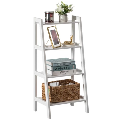 Basicwise Decorative White Wooden Modern 4-Tier Ladder Bookshelf, Flower And Plant Display - Image 3