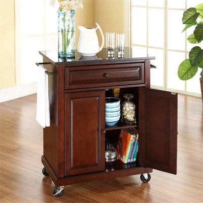 Wood Solid Black Granite Top Kitchen Cart In Mahogany Brown - Bowery Hill - Image 2