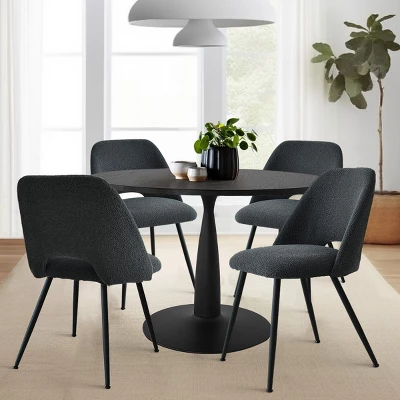 Haven+Edwin 5-Piece Black Round-Shaped Dining Table Set With 4 Upholstered Bouclé Fabric Dining Chair With Black Legs-The Pop Maison - Image 9