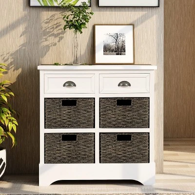 Modernluxe Dining Room/Living Room Storage Cabinet With Two Drawers And Four Classic Rattan Basket-Rustic