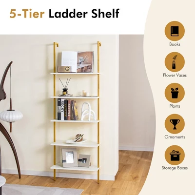 Tangkula 5 Tier Ladder Shelf 71" Open Wall-Mounted Bookcase With Golden Steel Frame - Image 6