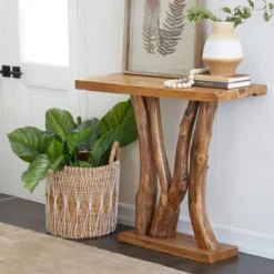 Contemporary Teak Wood Console Table Brown - Olivia & May