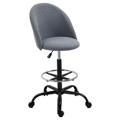 Vinsetto Ergonomic Rolling Drafting Chair For Standing Desk, Linen Office Stool With Adjustable Foot Ring And Steel Base - Image 6