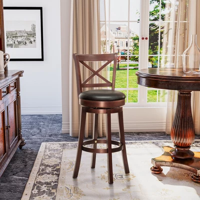 HOMCOM Traditional Bar Stool, 31 Inch Seat Height Barstool, Swivel PU Leather Upholstered Chair, With Cross Back And Rubberwood Frame - Image 2
