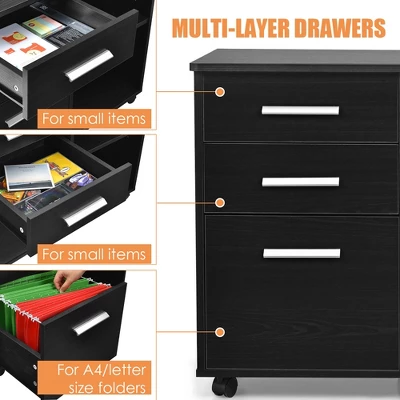 Costway 3-Drawer File Cabinet Mobile Lateral Cabinet Printer Stand EspressoBlack - Image 7