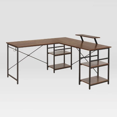 L Shape Industrial Desk With Storage Shelves Walnut - Techni Mobili - Image 10