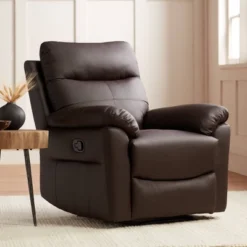 Elm Lane Newport Dark Brown Faux Leather Recliner Chair Modern Armchair Comfortable Push Manual Reclining Footrest For Bedroom Living Room Reading