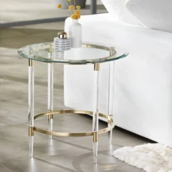 55 Downing Street Modern Minimalist Glass Round Accent Side End Table 24 3/4" Wide Clear Gold Rings For Living Room Bedroom Bedside Entryway House