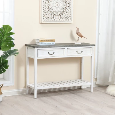 LuxenHome Farmhouse Distressed White Wood Console Table With Storage - Image 6