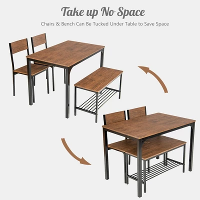Costway 4pcs Dining Table Set Rustic Desk 2 Chairs & Bench W/ Storage Rack - Image 6