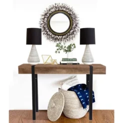 LuxenHome Oak Finish MDF Wood Black Metal Console & Entry Table