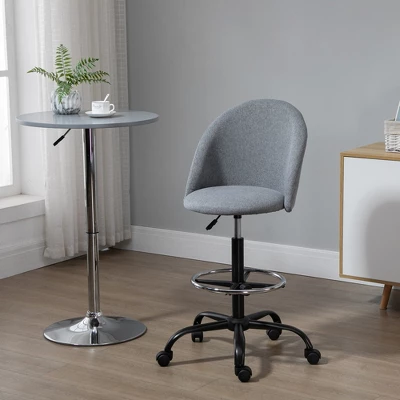 Vinsetto Ergonomic Rolling Drafting Chair For Standing Desk, Linen Office Stool With Adjustable Foot Ring And Steel Base
