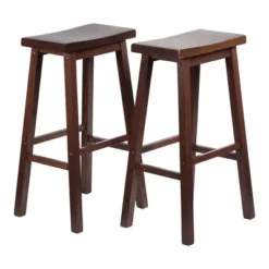 PJ Wood Classic Saddle Seat 29" Tall Kitchen Counter Stools For Homes, Dining Spaces, And Bars W/ Backless Seats & 4 Square Legs, Walnut (Set Of 4)